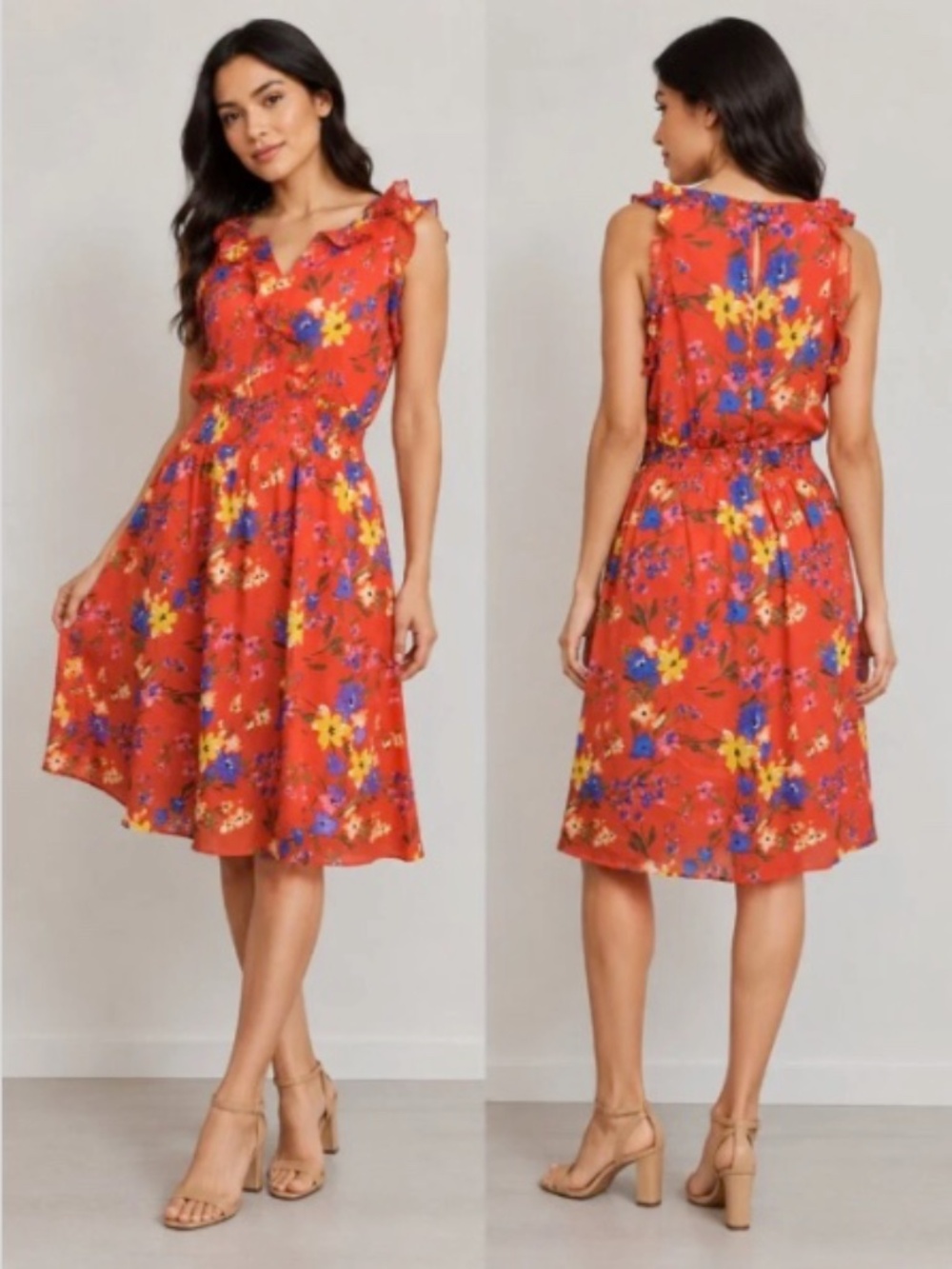 Red Orange Floral Ruffle Midi Dress - Medium - Boho - Like New